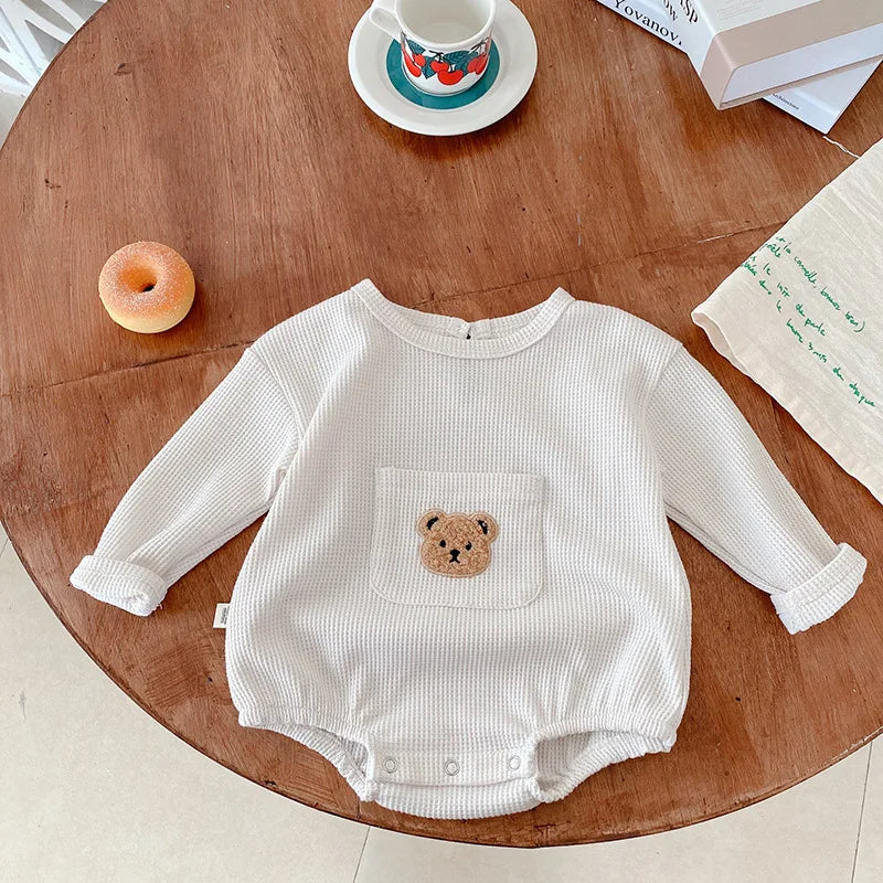 Waffle Texture Baby Romper with Bear Pattern - long sleeves