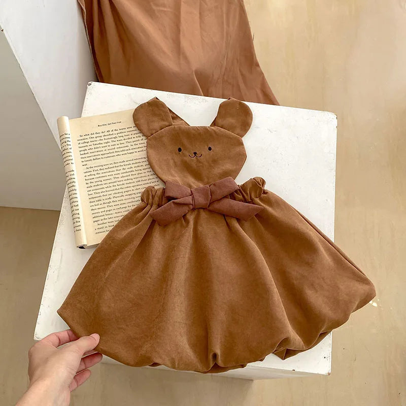 Cartoon Bear Dress with Ruffled Collar