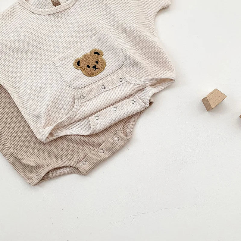 Waffle Texture Baby Romper with Bear Pattern - long sleeves