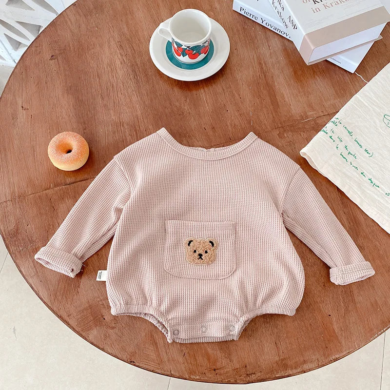 Waffle Texture Baby Romper with Bear Pattern - long sleeves